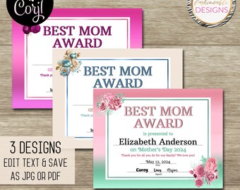 Mother's Day Certificate Template Set - Best Mom Award - 3 Design Templates - 8.5x11" - Save as JPG or PDF - Corjl Self-Edit