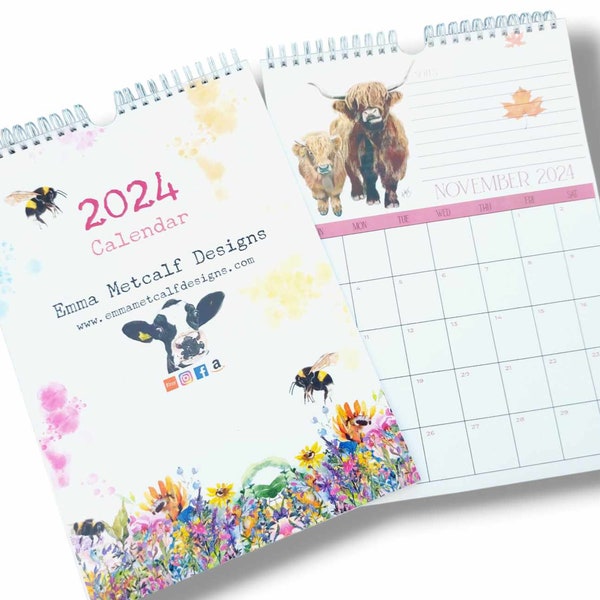 2024 Wall Calendar - A4 Size, Wire Bound, Jan-Dec, Wall planner- calendar organiser with Note Section - Family Planner