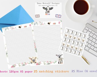 Beautiful hand designed letter writing set - Writing paper-Pig - Lamb  - Envelopes- Stickers- Letter writing- Traditional writing set