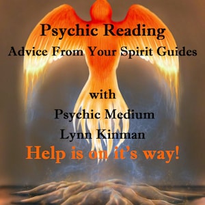 Pu&ograve; includere: Una fenice arancione fiammeggiante con fiamme gialle che si alzano dalle sue ali, su uno sfondo marrone. Il testo "Psychic Reading Advice From Your Spirit Guides with Psychic Medium Lynn Kinman Help is on it's way!" &egrave; scritto in nero.