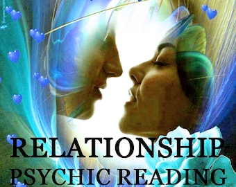 May include: A digital illustration of a couple looking at each other with hearts and a blue flower in the background. The text "RELATIONSHIP PSYCHIC READING" is in the foreground.
