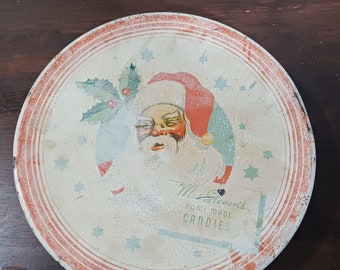 Vintage 1940s Mrs Stevens Candy Tin Christmas Santa Claus 10 Inches