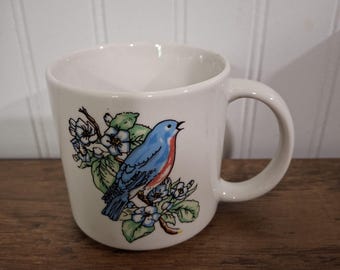 Vintage McCrory Stores Blue Bird Robin Ceramic Mug Flowers