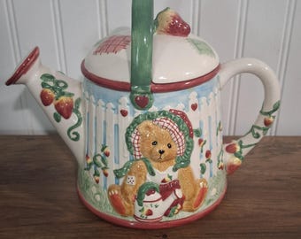 Rare Vintage 1995 Cherished Teddies Strawberry Lane Teapot Watering Can Cottage