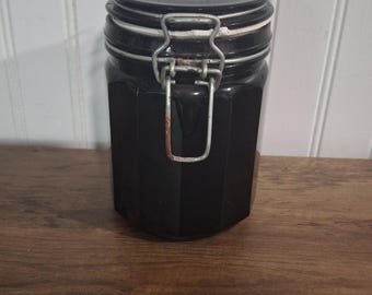 Vintage 12 Panel Black Glass Jar Metal Bale Hinged Lid 5.5 Inches