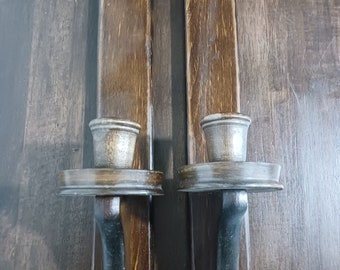 Pair Vintage Wood Candle Holder Wall Sconce Brass Accents 15 Inches