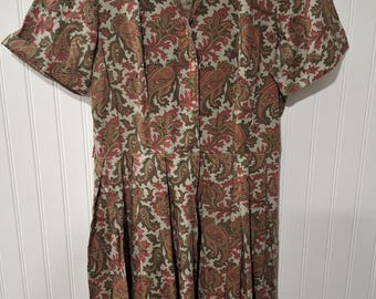 Vintage Sears Large Dress Housedress Button Front Paisley Short Sleeves Made USA