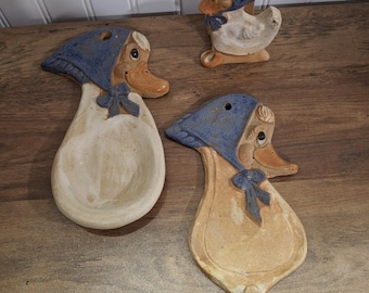 Rare Vintage Set Handmade Pottery Duck Kitchen Pieces Country Hook Spoon Rest