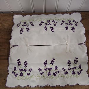 Vintage Handmade Tissue Box Cover Embroidered Purple Flowers White Satin Granny
