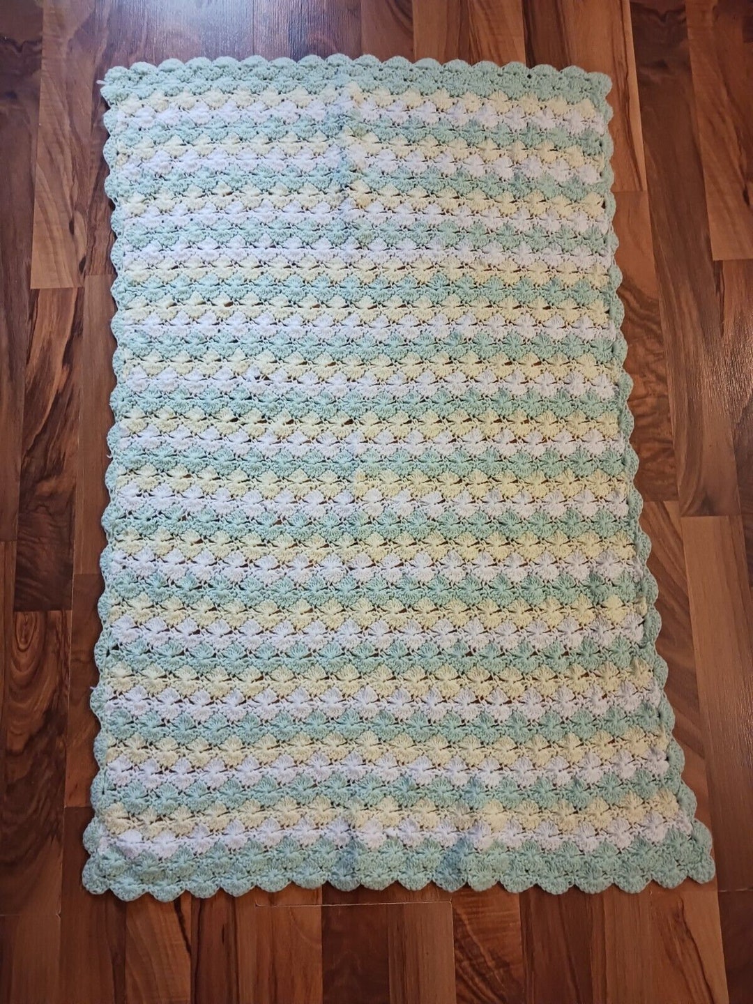 Vintage Crochet Baby Blanket Green Yellow White Chevron Gender Etsy
