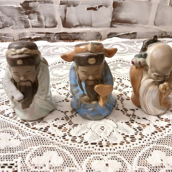 Vintage Ceramic Fuk Luk Sau Figurines Gods of Wealth Health Prosperity