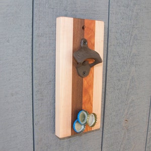 Wall Mounted Magnetic Bottle Opener, Hardwood Beer Bottle Cap Catch, Groomsmen Gift, Rustic Bottle Cap Catcher