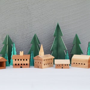 Wooden Holiday Village Set, Handmade Hardwood Buildings, Alpine Village, Christmas decor, Covered Bridge, Vermont Village