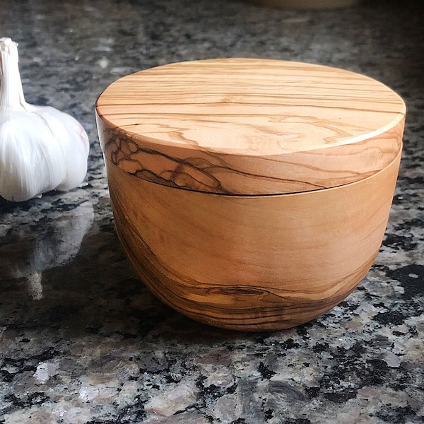 Olive Wood Salt Cellar with Lid, Wooden Spice Keeper, Sugar Box, Salt Cellar, Mom Gift, Cooking Gift, Mother's Day