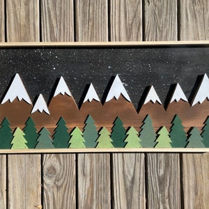 Mountain Range Wooden Wall Art, Wood Wall Hanging, Night Ski Mountain Scene, Alpine Home Decor, Nursery Decor, Woodland Decor, Ski House