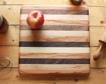 Mixed Wood Square Cutting Board, Hardwood Serving Board, Wooden Tray, Striped Large Cutting Board, Handmade Housewarming, Wedding Gift