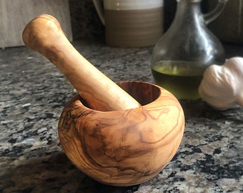 Olive wood mortar and pestle, wooden cooking utensil, Round Mortar and Pestle, Housewarming, Wedding, Hardwood, Natural Finish