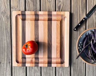 Square Multi-hardwood Cutting Board with Juice Catching Groove, 2 Sizes, Handmade Cutting/Carving Board, Cherry Maple Walnut, Charcuterie