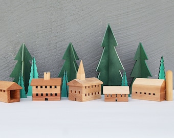 Wooden Holiday Village Set, Handmade Hardwood Buildings, Alpine Village, Christmas decor, Covered Bridge, Vermont Village