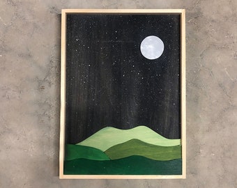 Green Mountain Nighttime Scene, Handmade Wooden Wall Art, Reclaimed Wood Mountain Scene, Layered Wood Art, Alpine Scene, Alpine Wall Art