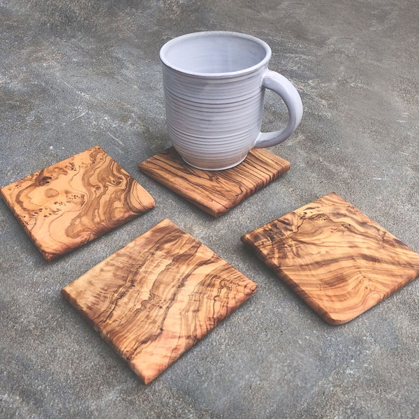 Square Olive Wood Coasters, Set of 4 Handmade Coasters, Hardwood Barware, Rustic Coasters