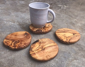 Olive Wood Coasters, Free Form, Hardwood Coasters, Set of 4, Handmade Rustic Coasters