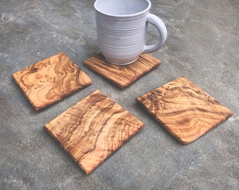 Square Olive Wood Coasters, Set of 4 Handmade Coasters, Hardwood Barware, Rustic Coasters