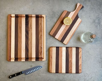 Multi-Hardwood Cutting Board Set, Handmade Three-Piece Gift Set, Housewarming Gift, Wedding Gift, Kitchen Basics, Maple Cherry Walnut Boards