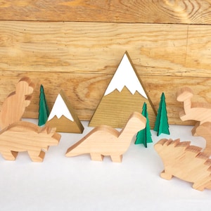 Natural Dinosaur Toy Set, Handmade Hardwood Children's Toy Set, Non-Toxic Wooden Play Set image 1