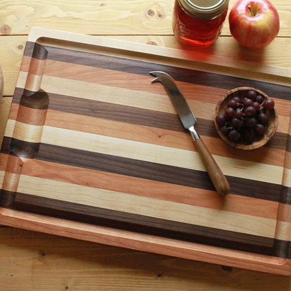 Striped Hardwood Cutting Board with Well and Groove, Two Sizes, Hardwood Carving Board, Juice Catching Groove