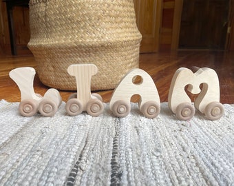 Wooden Letters on Wheels, Unfinished Pine Wood Letters, Nursery Name, Paint-Your-Own Name on Wheels, Natural Decor, Birthday Craft Kids Room