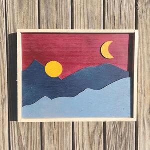 Handmade Wooden Mountain Scene, Handmade Wooden Wall Art, Reclaimed Wood Mountain Scene, Layered Wood Art, Alpine Scene, Sun and Moon
