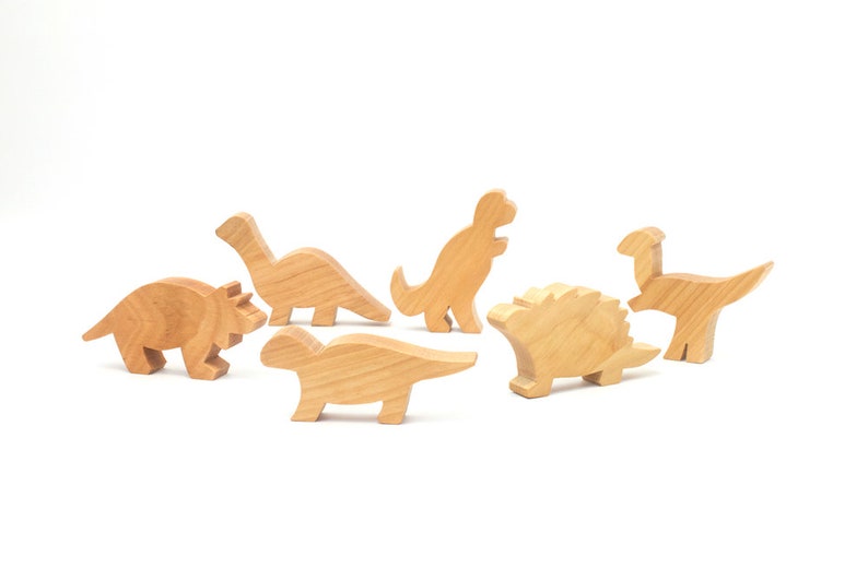 Natural Dinosaur Toy Set, Handmade Hardwood Children's Toy Set, Non-Toxic Wooden Play Set image 2