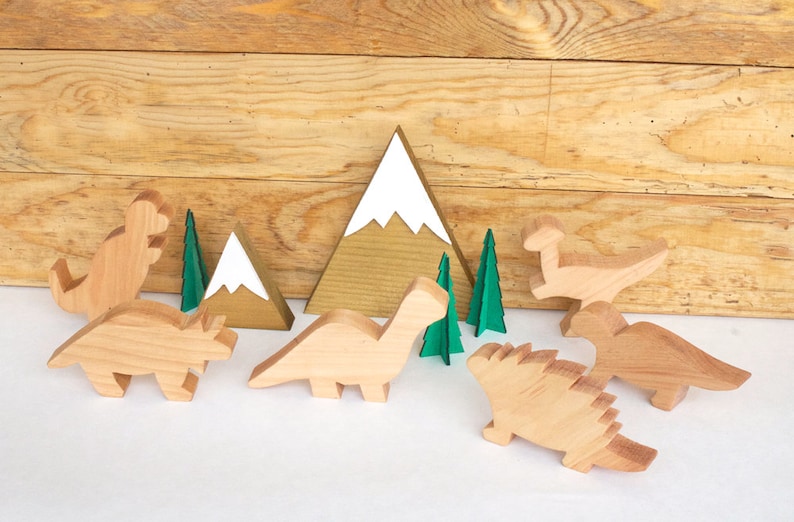 Natural Dinosaur Toy Set, Handmade Hardwood Children's Toy Set, Non-Toxic Wooden Play Set image 1