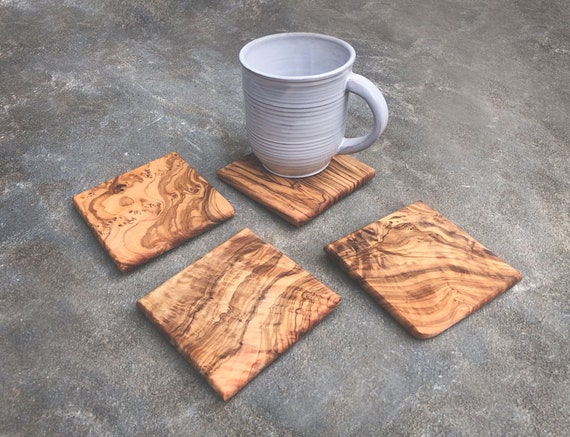 Square Olive Wood Coasters, Set of 4 Handmade Coasters, Hardwood