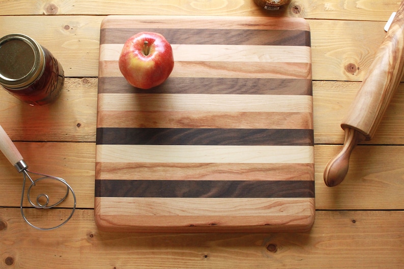 Mixed Wood Square Cutting Board, Hardwood Serving Board, Wooden Tray, Striped Large Cutting Board, Handmade Housewarming, Wedding Gift