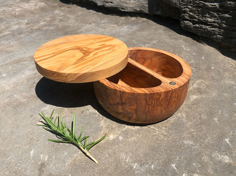 Olive Wood Salt Cellar with Lid Double Compartment Wooden Etsy