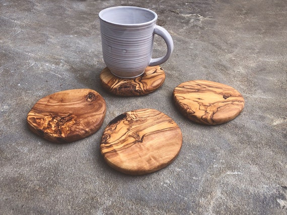 Olive Wood Coasters Set of 4, Wooden Drink Coasters, Rustic Living