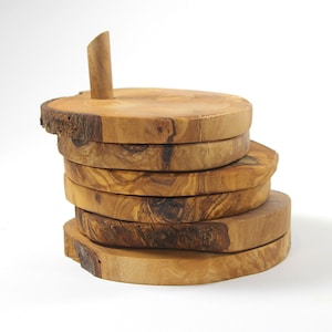 Olive Wood Coasters Set of 5 with Base, Storage Base, Free Form Live Edge Coasters, Rustic Coaster Set, East Storage, Wedding Gift