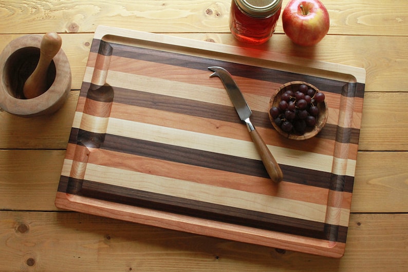 Striped Hardwood Cutting Board with Well and Groove, Two Sizes, Hardwood Carving Board, Juice Catching Groove image 1