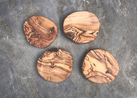 Olive Wood Table Coasters in a Non Rustic Holder - Set of 6 - Handmade  Wooden Cabin Decor Coaster Set for Home