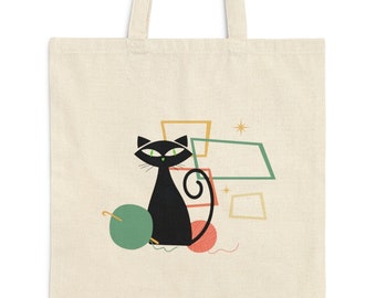 Atomic Cat Retro Garn Baumwolle Canvas Einkaufstasche Retro Katze und Garnliebhaber Einkaufstasche Katzenliebhaber Geschenk Mid Century Modern Cat