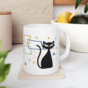Atomic Cat with Yarn Ceramic Mug 11oz Cat Mug  Funny Cat Coffee Mug Cat Lover Mug Mid Century Modern Cat Design