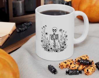 Boho Halloween Skeleton Ceramic Mug 11oz Flowers and Skeleton Coffee Mug Witchy Skeleton Mug