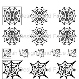 Op de afbeelding: Een set van negen zwart-witte spinnenwebontwerpen in verschillende maten. De ontwerpen zijn perfect voor knutselen, scrapbooking of decoreren voor Halloween.