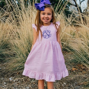 Personalized Seersucker Easter Dress – Custom Embroidered Dress with Name or Monogram for Girls