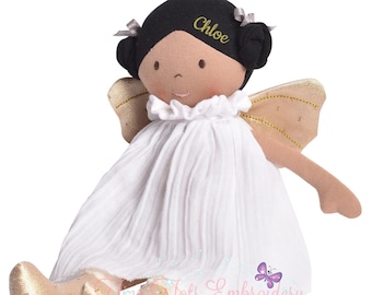 Poupée afro-américaine bio, poupée personnalisée, poupée de chiffon personnalisée, poupée fée, cadeau baby shower, cadeau nouveau-né, cadeau bébé fille, poupée peluche