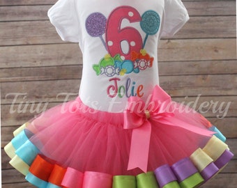Candyland Tutu Outfit ~  Candy Birthday Outfit ~ Includes Top, Ribbon Tutu and Hair Bow~ Customize In Any Colors of Your Choice!