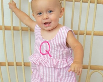 Monogrammed Seersucker Baby Girl Bubble Romper: Embroidered Ruffle Outfit