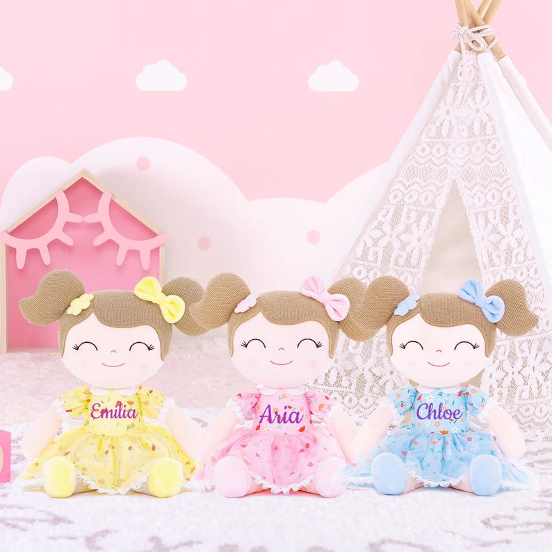Personalized Baby Doll Floral Dress Soft Cloth Girl Toy Custom Embroidered Name Perfect First Doll Baby Shower Gift Nursery Keepsake Light Brown Hair Signature Smile Design Ultra Soft Cuddle Companion Toddler Birthday Present Girls